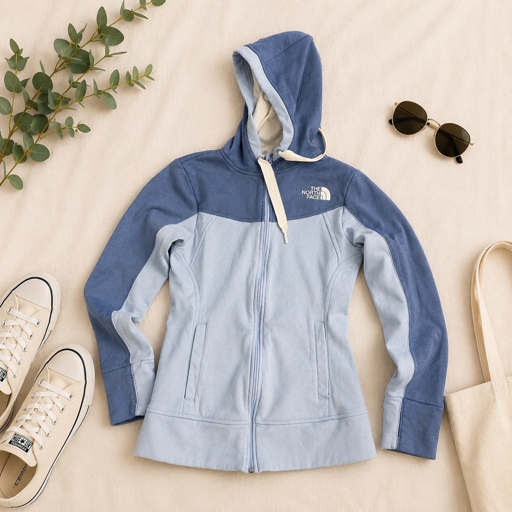 The North Face Womens Blue Colorblock Full Zip Fleece Hoodie Jacket Size S